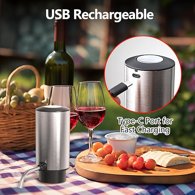 Electric Wine Decanter, Rechargeable Automatic Wine Aerator Wine Dispenser with Foil Cutter, Wine Stopper, Type-C Charging One Touch Wine Pourer for Home Party Wedding, Stainless Steel