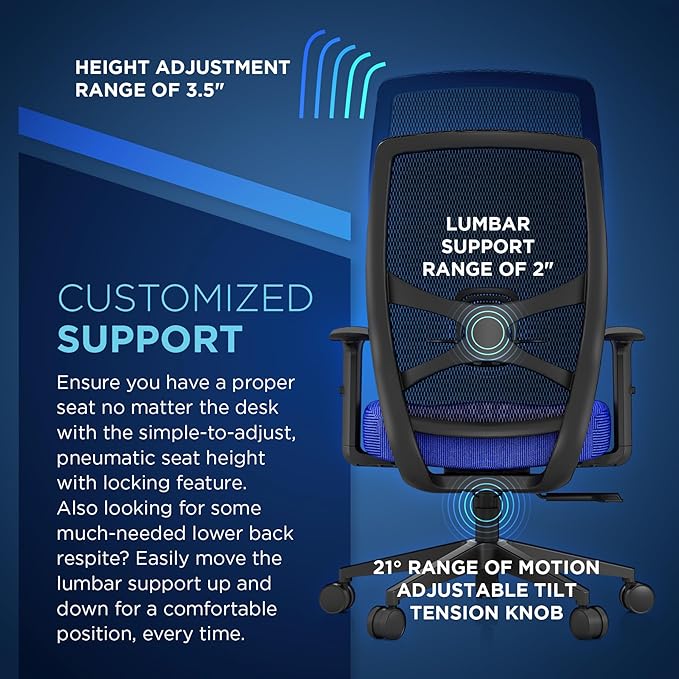 Tempur-Pedic ProTask Executive Task Office Chair with Cooling Gel Layer and Built-in Lumbar Support, Height-Adjustable Ergonomic Mesh Office Desk Chair, Blue