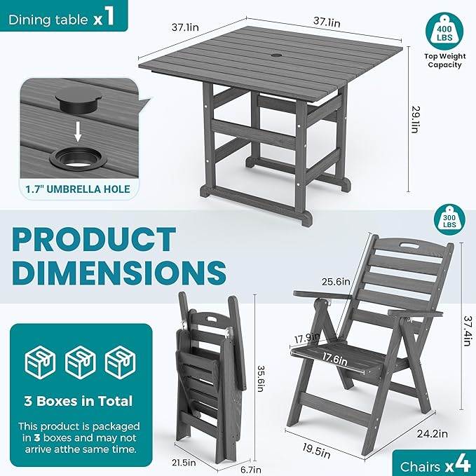 PamapicLife 5-Piece Outdoor Dining Set with Folding Chairs for Outside, All-Weather HDPE Outdoor Table and Chairs with Elegant Armrest, Patio Furniture Sets with Umbrella Hole for Patio, Gray