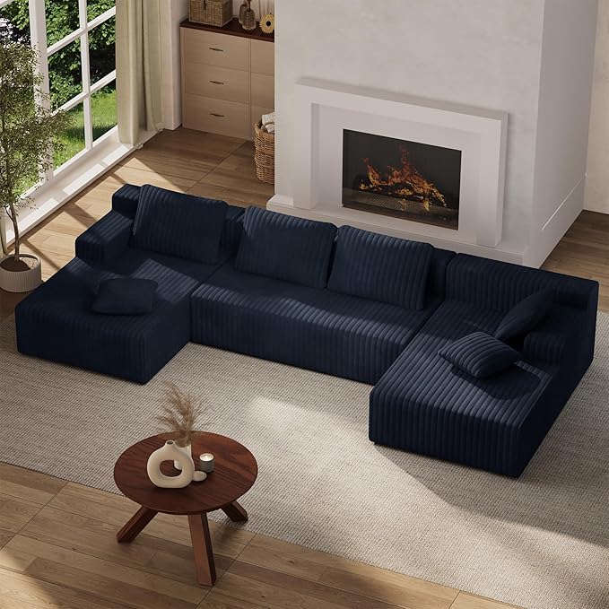 LAUSAINT HOME 132" Modular Sectional Sofa Couches, U-Shaped Boneless Cloud Sofa with 4 Deep Seat, 6 Cushiones Oversized Chaise for Living Room, Bedroom, Plush Corduroy Fabric (U Shaped,Navy Blue)