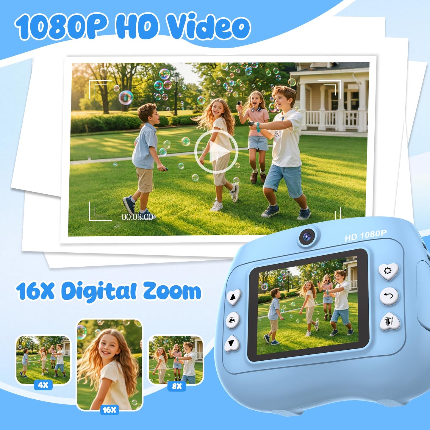 Kids Camera Instant Print 1080P Front Rear Dual Selfie - Kids Digital Camera with Video Games, 32GB & 5-Color Print Paper/ 250 Photos,Easy to Use & Great Toys Gifts for Boys Girls, Ages 3-12