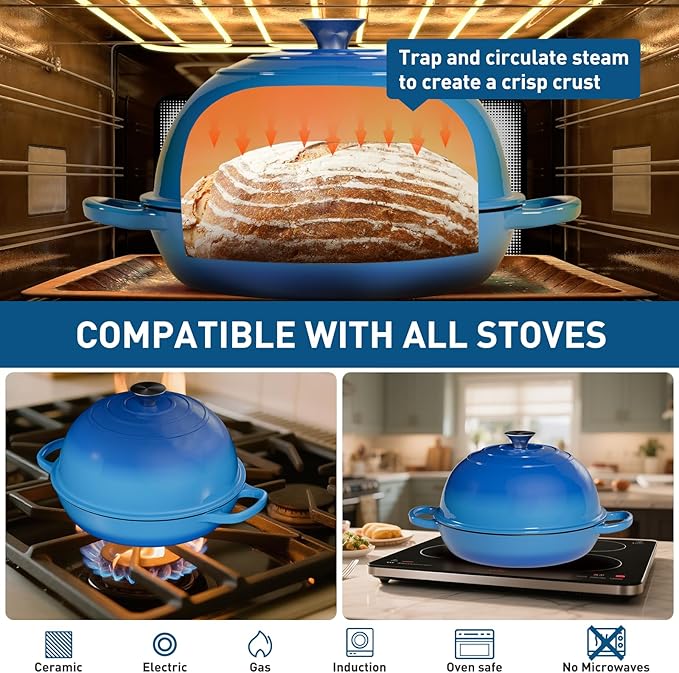 Cast Iron Bread Oven for Baking, 6QT Multi-Functional Dutch Oven Pot with Lid, Include Proofing Basket, Silicone Sling & Dough Whisk, Round Bread Pot for Sourdough Bread Baking, Cooking, Frying