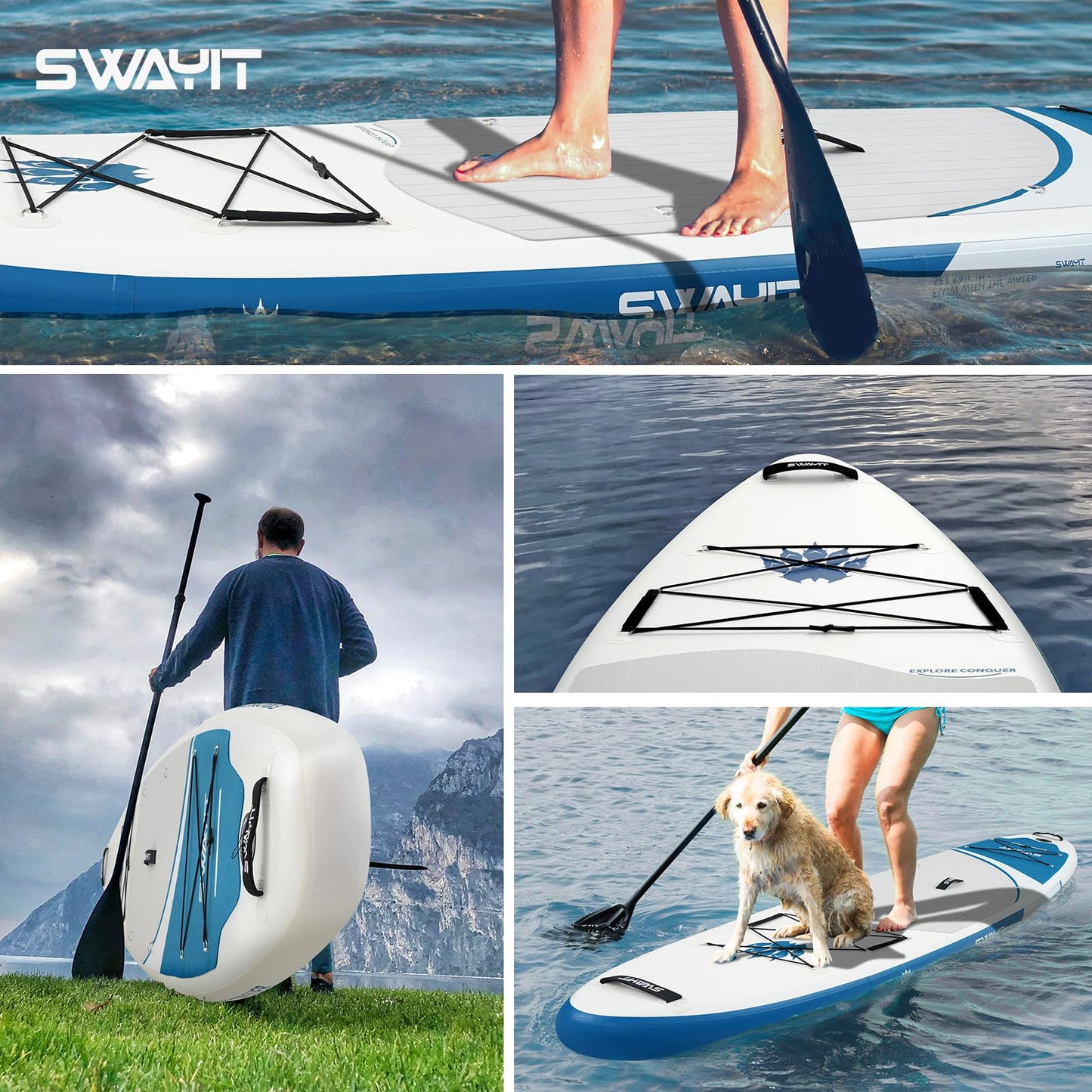 Durable Inflatable Paddle Board for Men –Swayit Heavy-Duty Blow Up SUP with Paddle, Pump, Leash & Bag, Stable Stand Up Paddle Board for Adults & Teens (Bear Claw Blue)