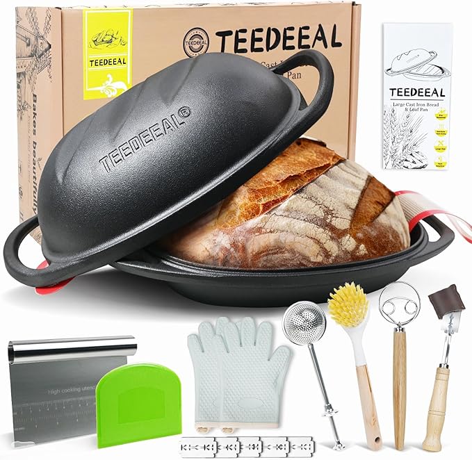 9.2 QT Heavy Duty Pre-seasoned Cast Iron Bread Pan, Large Loaf Dutch Oven with Lid, Sourdough Bread Baking Pan - Compatible with Ceramic/Cooktops/Ovens/Grill/Campfire - with lame, Flour Duster, etc