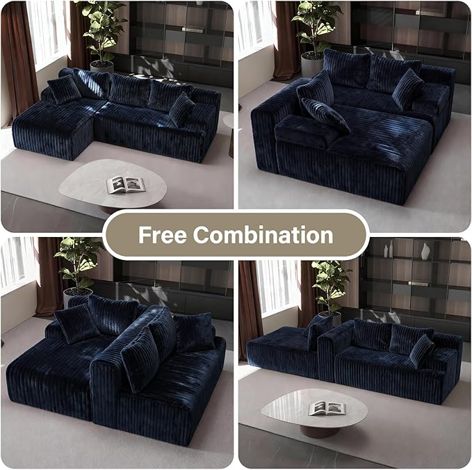 LAUSAINT HOME 96" Modular Sectional Sofa Couches, L-Shaped Boneless Cloud Sofa with 3 Deep Seat, 5 Cushiones Oversized Chaise for Living Room, Bedroom, Plush Corduroy Fabric (Left, Navy Blue)