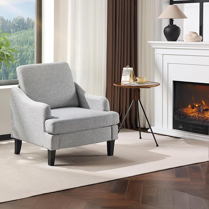 VINGLI Linen Fabric Accent Chair Grey, Modern Upholstered Armchair, Comfy Sofa Chair Living Room Bedroom Furniture for Apartment