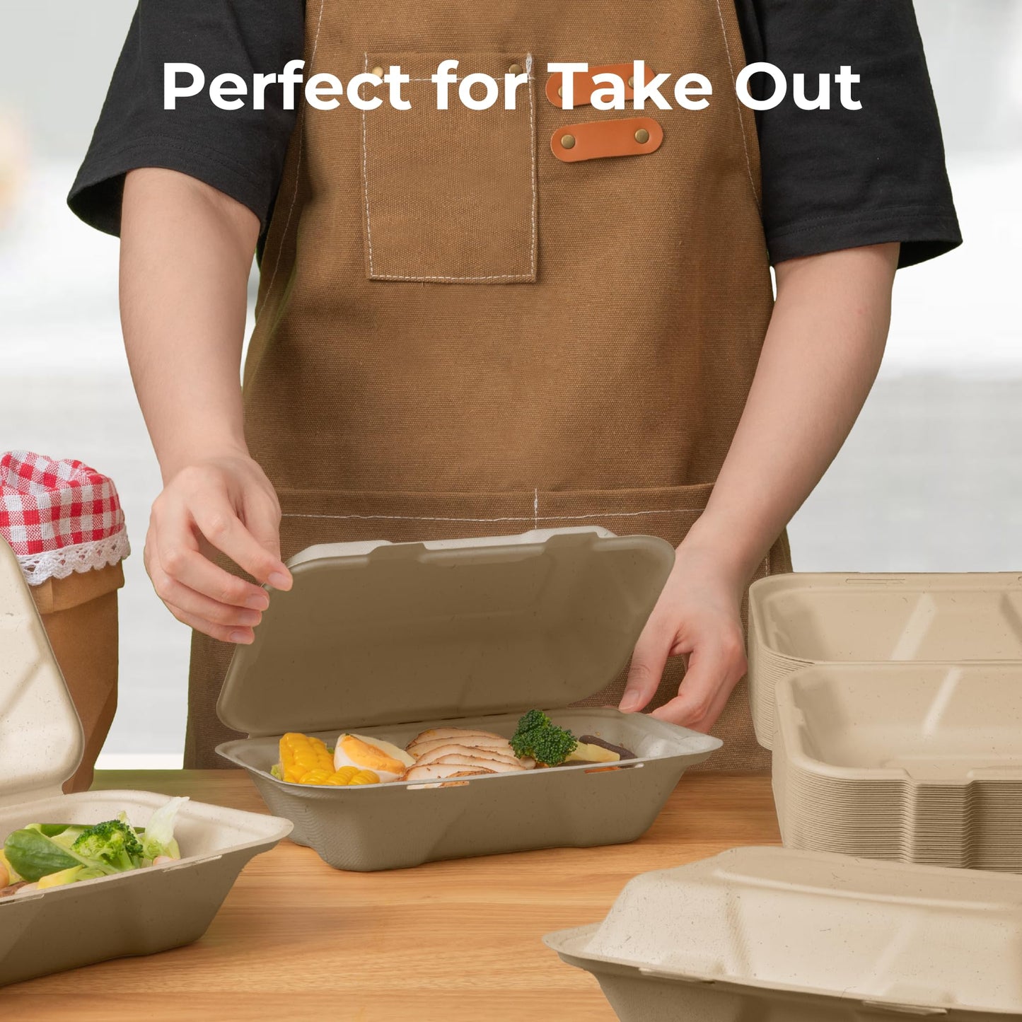 Fit Meal Prep 100 Pack 9x6 Compostable To Go Food Containers, Disposable To Go Boxes for Food, Lunch Boxes, Clamshell Take Out Containers with Lids, Eco Friendly Biodegradable, PFAS-Free, Bagasse