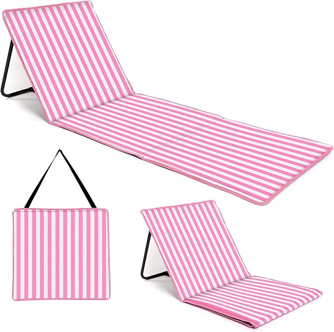 just be... Beach Sun Mat Folding Lightweight Portable Adjustable Sunbathing Recliner with Backrest Support and Valuables P...