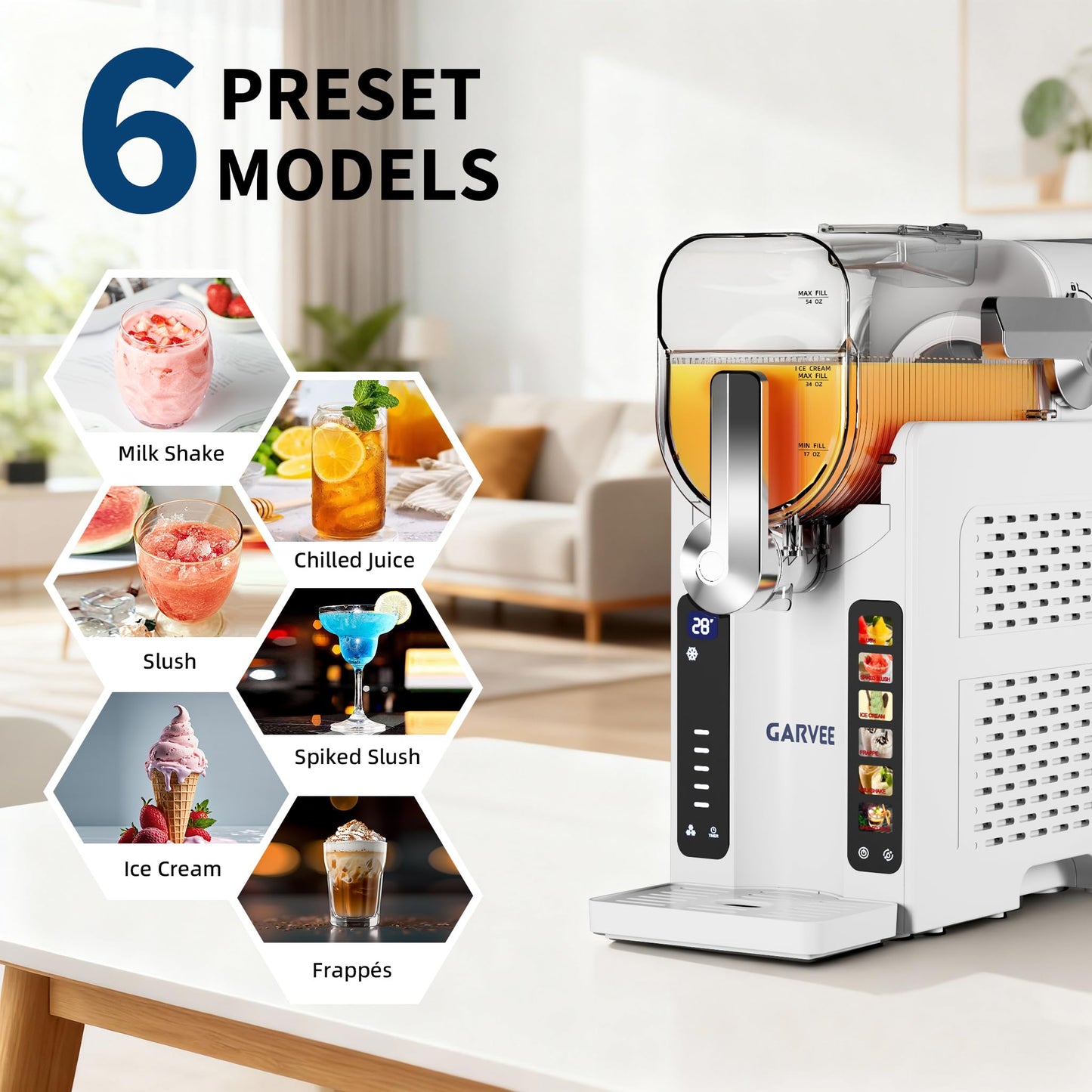 Garvee Slushie Machine for Home - 70 oz Ice-Free Frozen Drink Maker, Self-Cleaning Function with 6 Preset Programs for Margaritas, Frappés, Milkshakes, White
