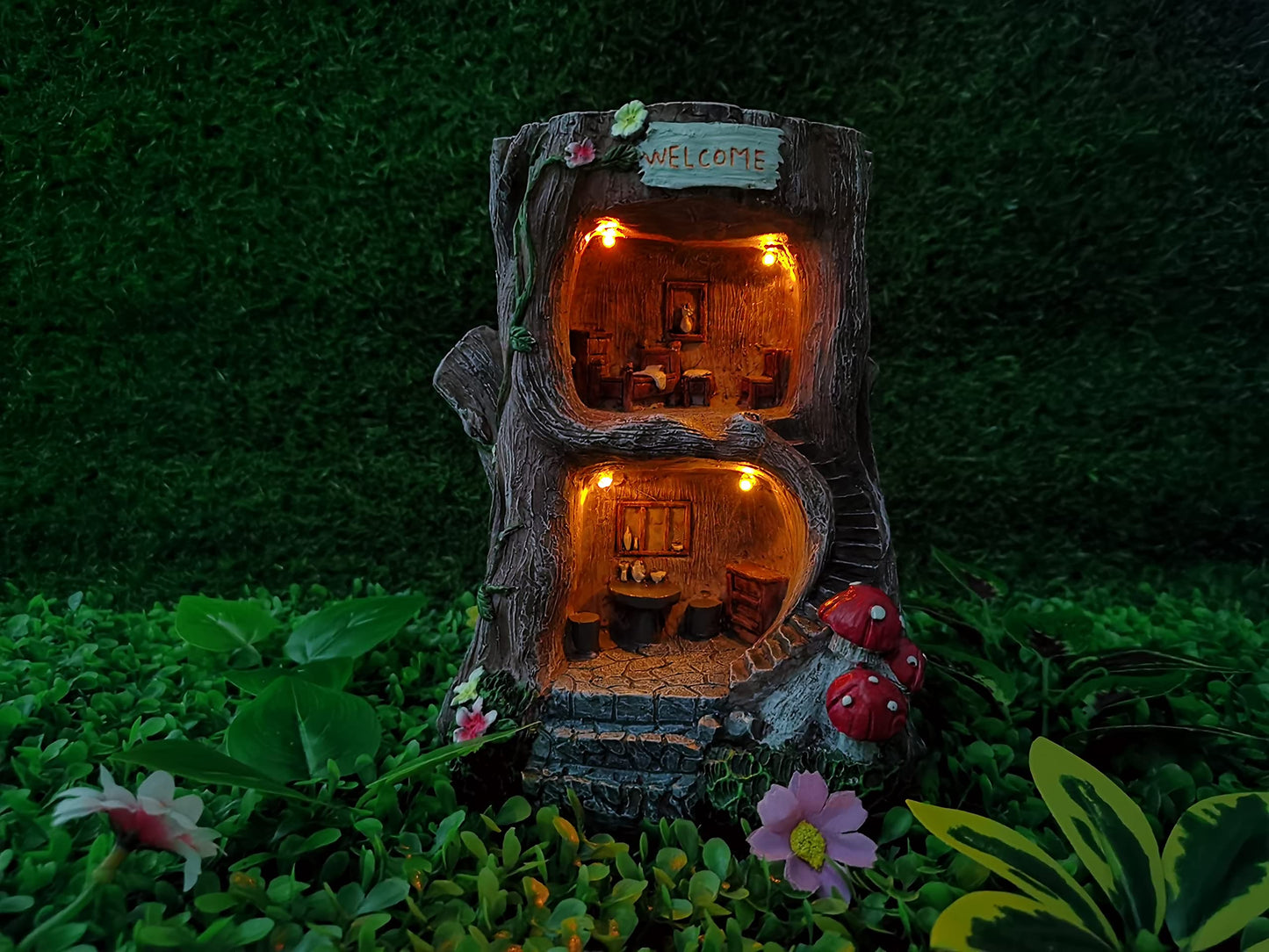 MARYTUMM Solar Light Fairy Tree House - Fun Natural Figurine Sculpture with Solar LED Lights for Indoor Outdoor Art Decorations, Patio Yard Lawn Ornaments Gift