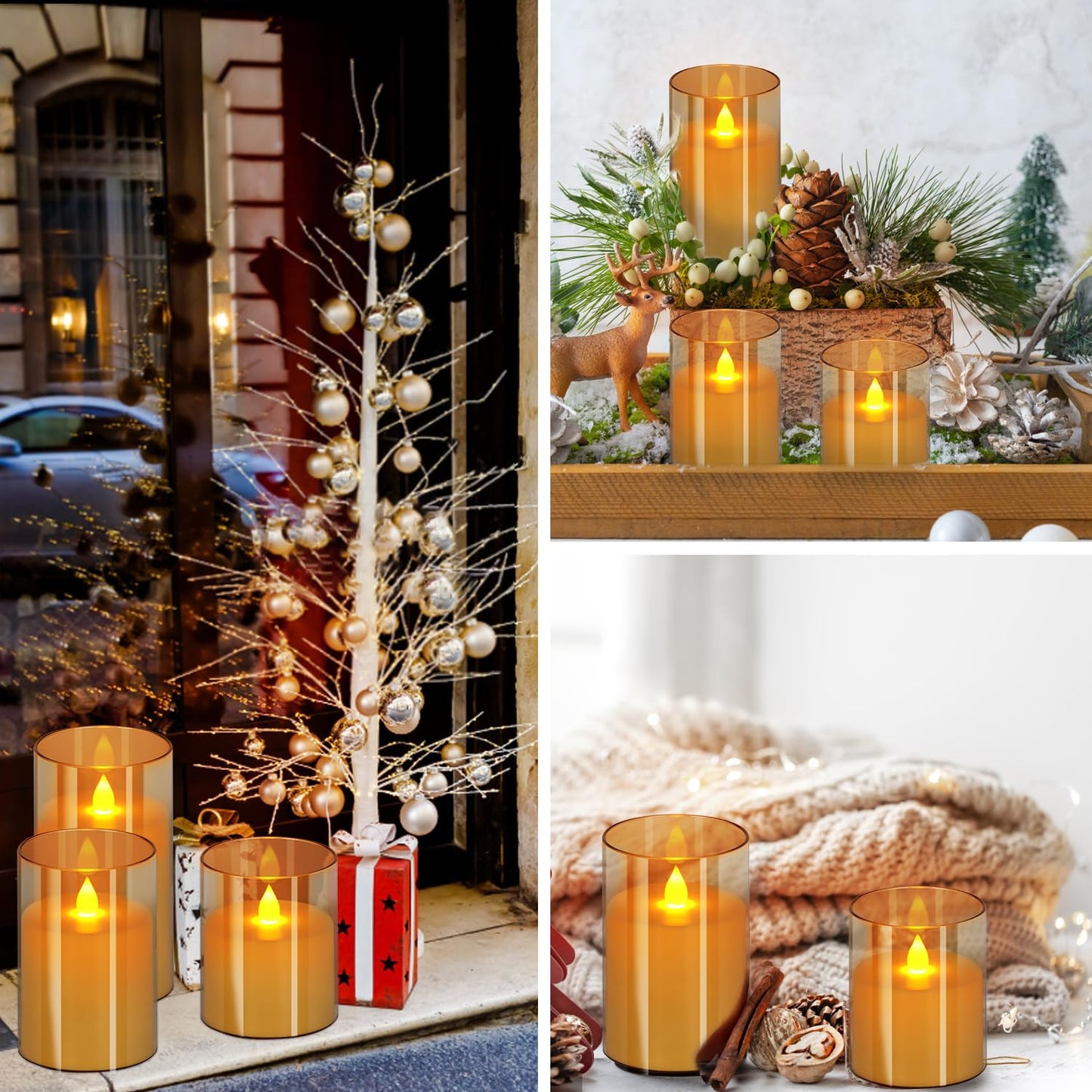wemarry Flameless Candles 4" 5" 6" Set of 12 Acrylic Glass Pillars 3" Diameter Battery Operated Flickering Candles Include 8-Key Remote with Timer Function 400+ Hours (Amber, 12 Pack)