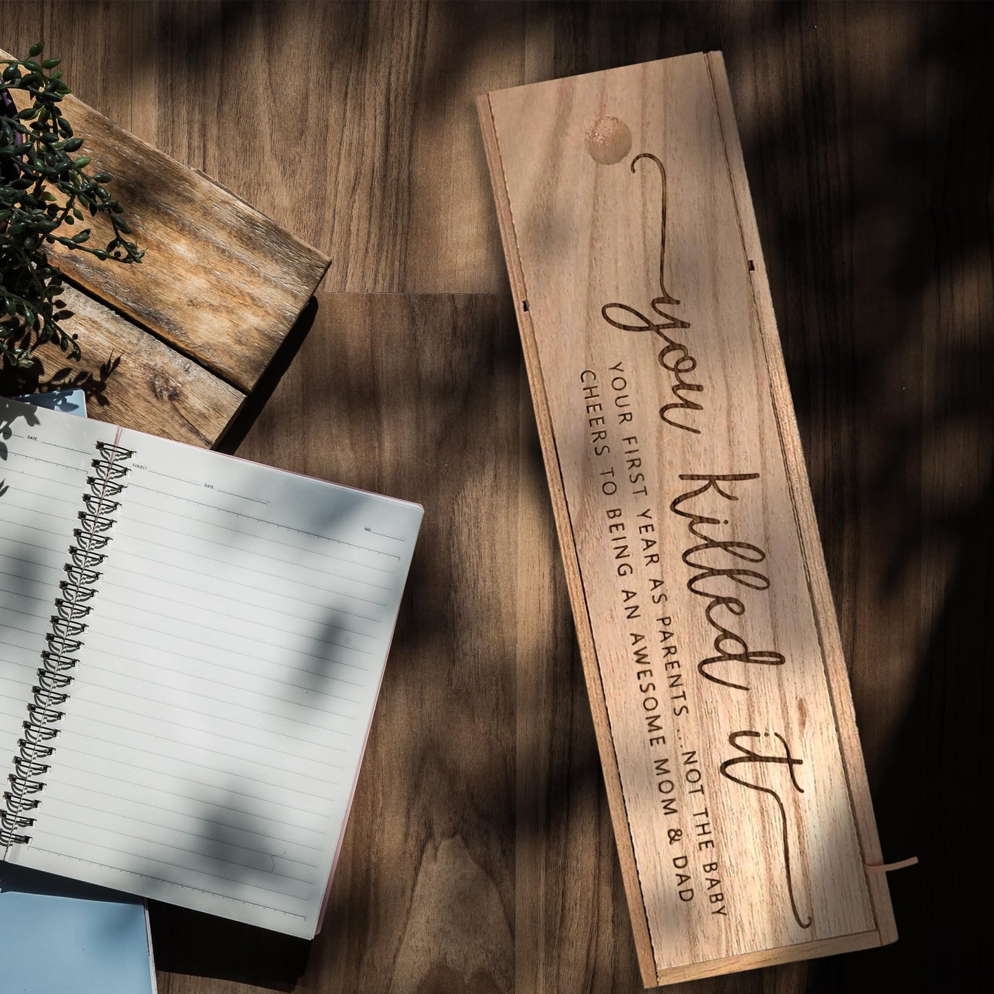 CITY NORTH Wooden Wine Box - Perfect Parents Wine Gift for Baby's First Birthday with Decorative Text, Elegant Bottle Holder and Storage, Comes with a Rope Handle, Fits Standard 750ml Bottles