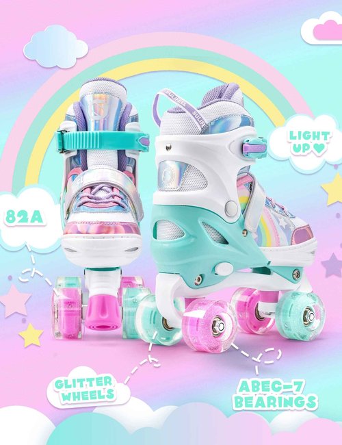SULIFEEL Rainbow Unicorn Roller Skates for Youth Size Large and Adjustable Protective Gear Set Shiny Medium