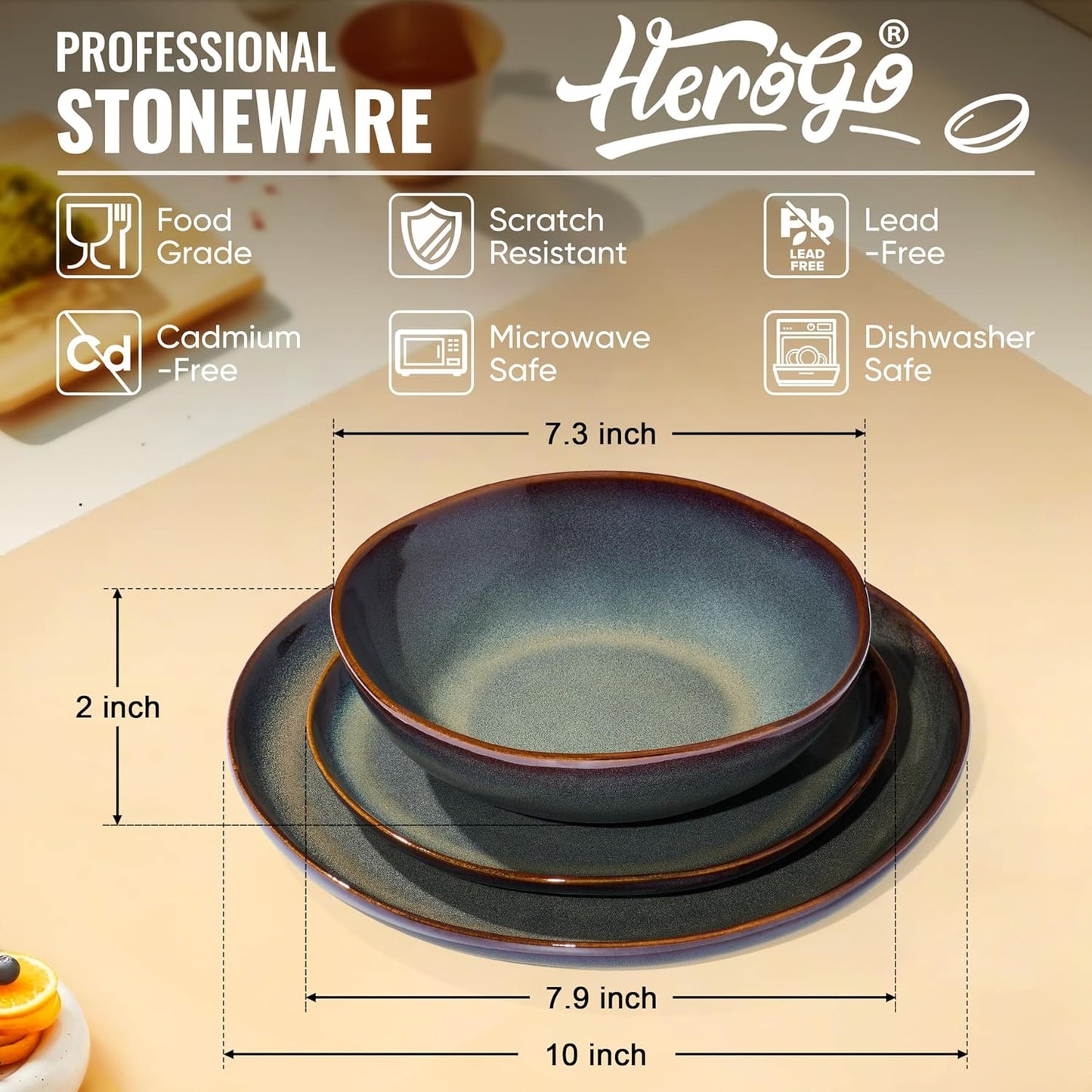 Herogo 12PCS Stoneware Dinnerware Sets, Plates and Bowls Dish Set for 4, Irregular Handmade Dinner Ware Dishware for Kitchen Dinning, Microwave & Dishwasher Safe, Lichen Green