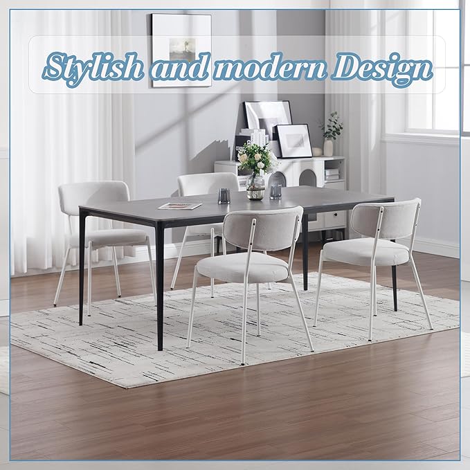 KCC Modern Mid-Century Velvet Dining Chairs Set of 4, Upholstered Stylish Kitchen Chairs Accent Diner Chairs with Metal Legs and Curved Back for Kitchen, Dining Room(White)