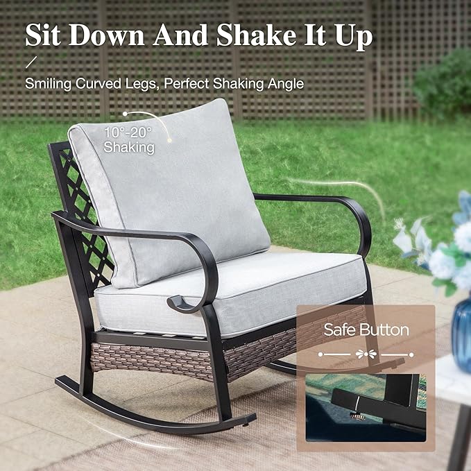 HERA'S HOUSE 4 Piece Metal Patio Furniture Set, All Weather Outdoor Conversation Set with 3 Seat Sofa, 2 Rocking Chairs & Coffee Table, Seats 5 for Backyard, Garden, Deck, Light Grey