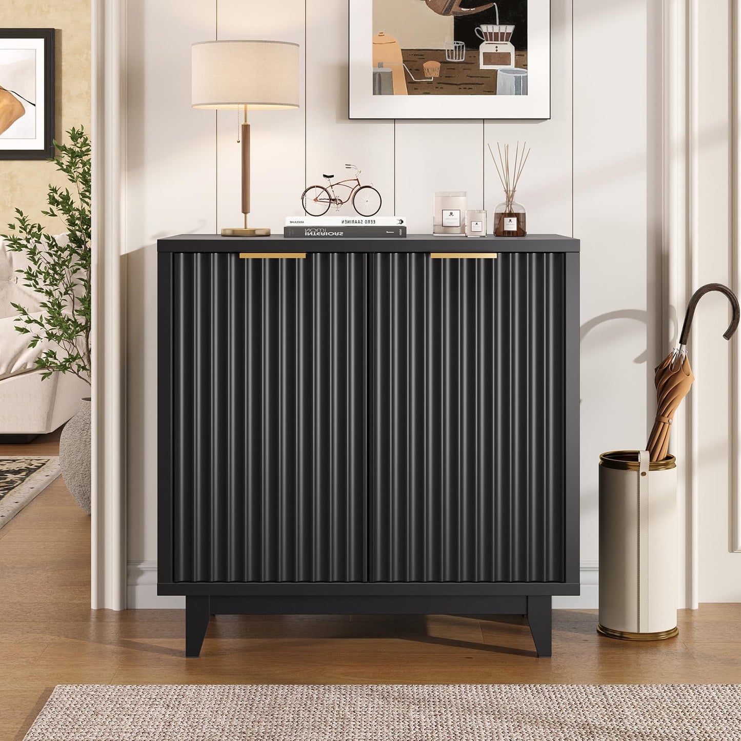 Modern Fluted Coffee Bar Cabinet with Removable Wine Rack and Adjustable Shelf, Solid Wood Legs, Multi-Functional Sideboard Buffet for Kitchen, Dining Room, Living Room, Entryway, Black