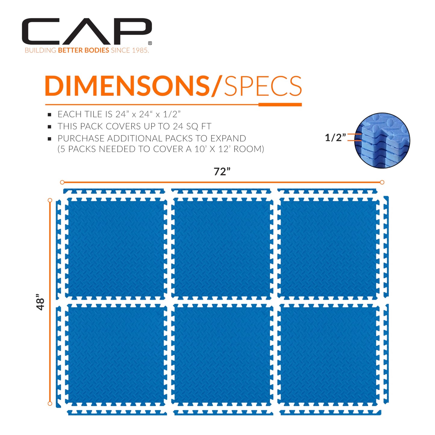 CAP Barbell 1/2-Inch Interlocking EVA Foam Exercise Puzzle Mat Home Gym Flooring - 1 Pack | 24" x 24" x 1/2" | Diamond Pattern - Blue