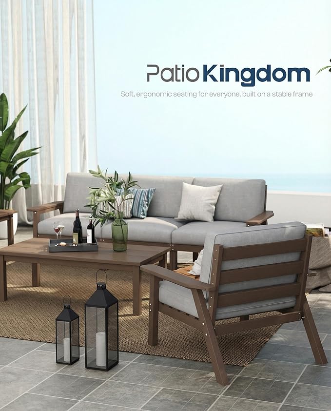 Patio Kingdom Patio Furniture Set 2 Seats, HDPE Outdoor Sectional with Gray Washable Thick Cushions, Coffee Table, Patio Conversation Sets for Lawn, Garden, Porch, Balcony, Deck (Brown Frame)