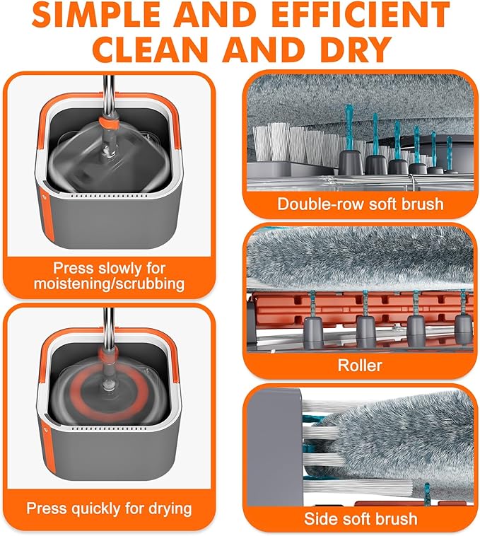 Upgraded Self-Standing Spin Mop and Bucket System, Detachable Inner Mop Bucket Separates Dirty Water & 90° Foldable Head, Triple-Scrub System, 0.9Gal Dual Drainage, for Hardwood Floors (Gray 6 Pads)
