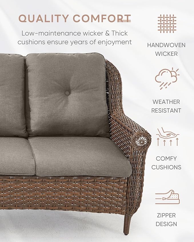 ACTREST Patio Couch Outdoor Wicker Sofa - Heavy Duty All-Weather Brown Rattan 3-Seater with High Back and Comfortable Thick Cushions for Garden Back Porch Poolside Apartment - Grey