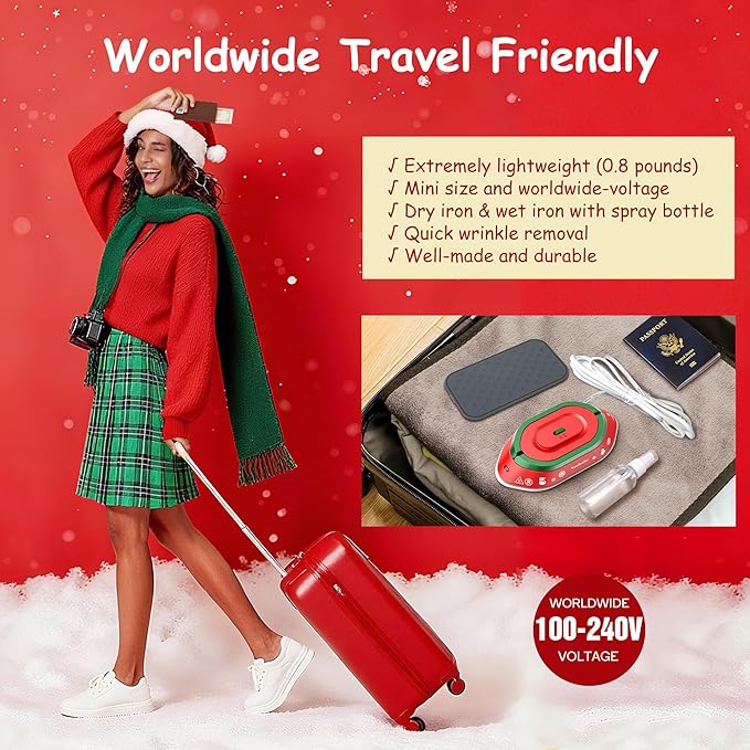 Newbealer Travel Iron with Global Voltage, Christmas Ready Gift, 100-240V Mini Dry Iron (No Steam), Max 300W, 60s Heat to 302℉, 0.8lbs, Festive Hard Case Included, Xmas Special Edition (Red)