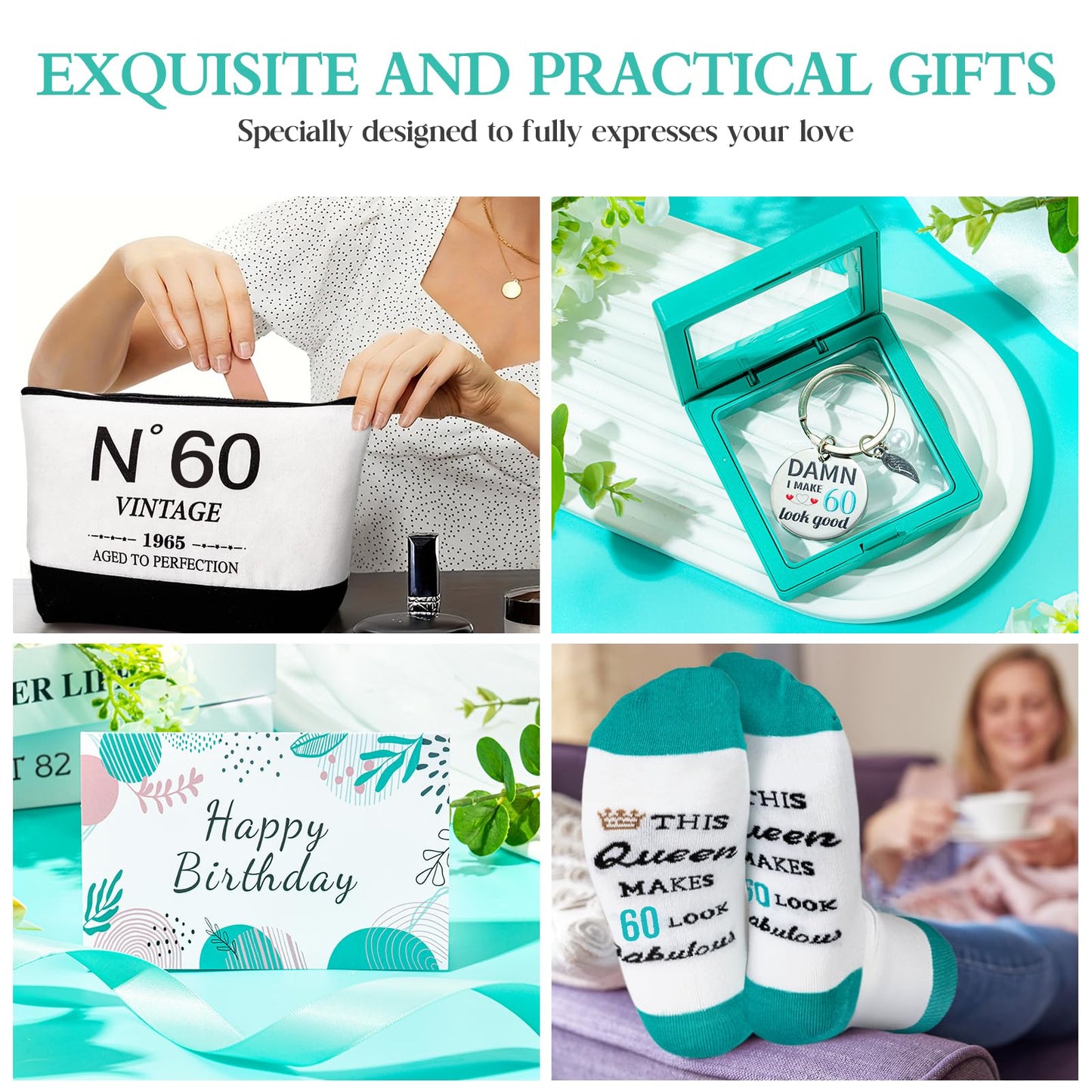 60th Birthday Gifts for Women，Gift Set for Women 1965 Canvas Tote Bag 60th Birthday Gift for Her Unique Gifts Basket for Her Turning 60 Mom Wife Sister Friend