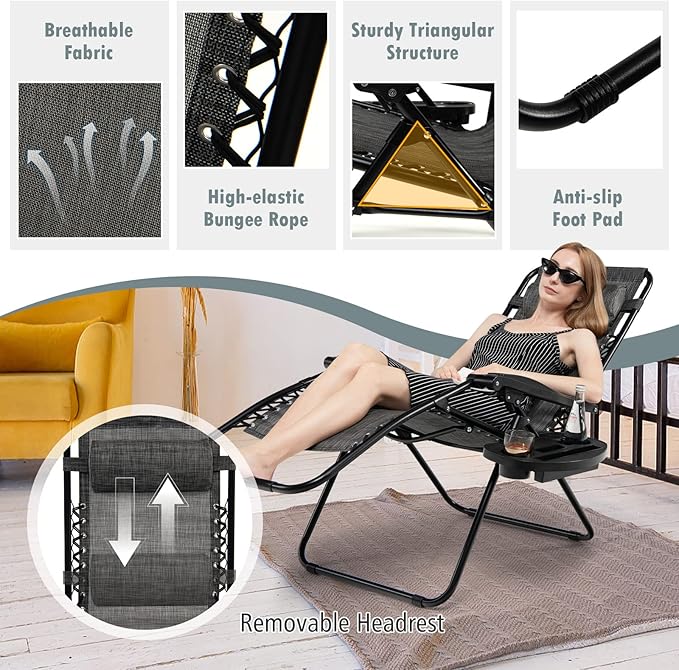 Tangkula Zero Gravity Chair, Folding Patio Lounge Chair Adjustable Outdoor Recliner with Cup Holder, Wide Armrest for Patio Garden Poolside Outdoor Yard Beach, Support 350 lbs (1, Grey)