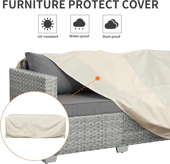 WAROOM Outdoor Couch 3 Seater Wicker Patio Sofa Grey Rattan Deep Seat Balcony Furniture Porch Seating with Grey Cushion