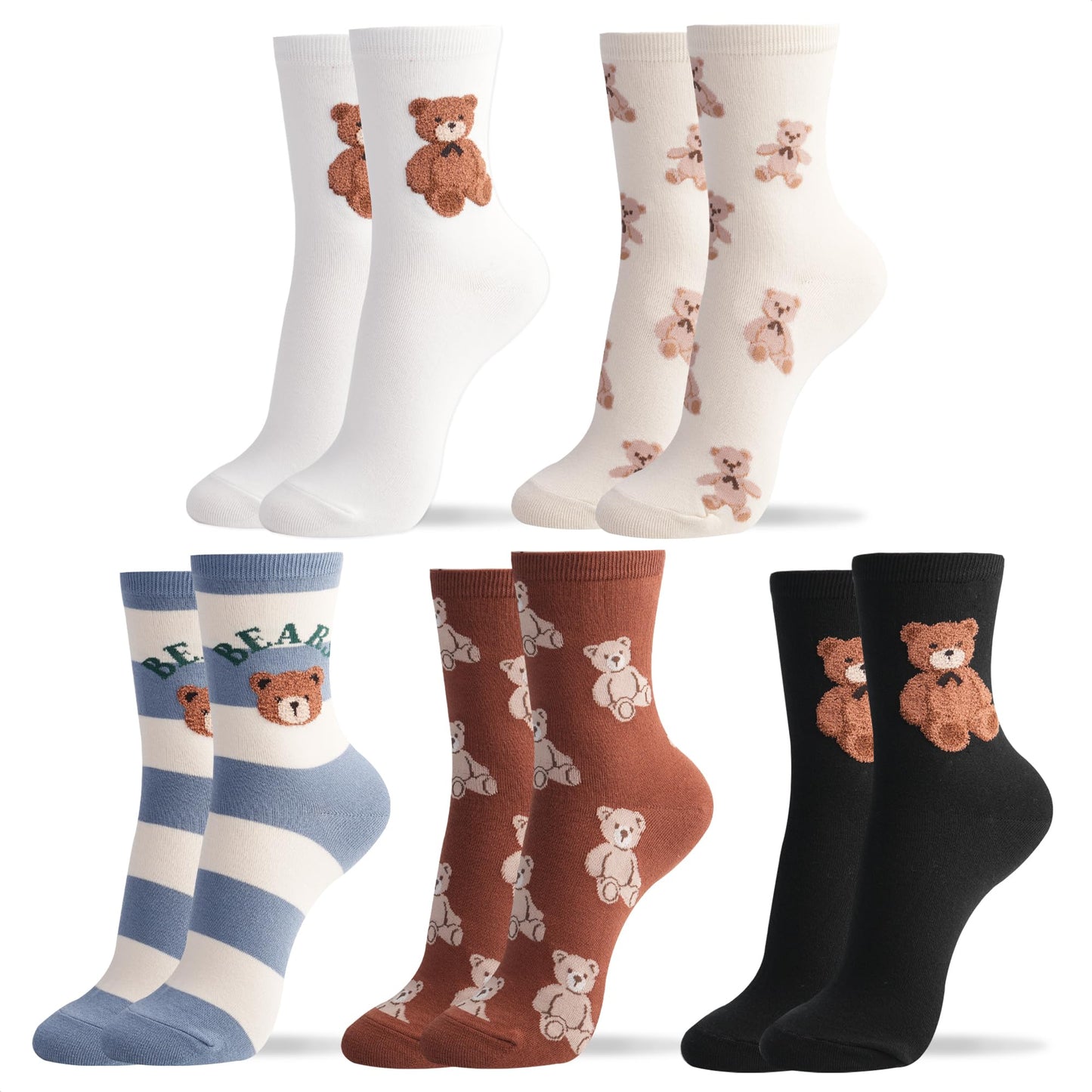 kikiya socks Women Cute Crew | 5 Pairs Cute Bear Character Graphic Print and Striped Designed White Black Ivory Brown Colored Daily Cotton Socks | Womens Ladies Girls Gift | Bear B