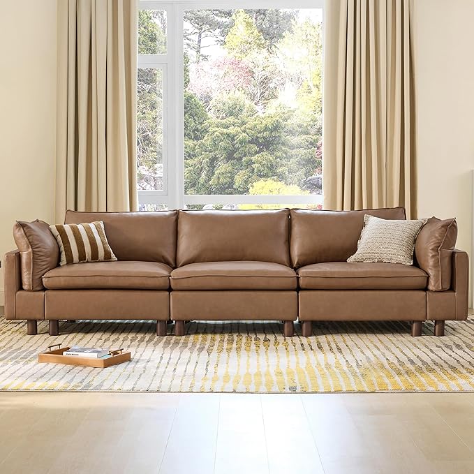 CHITA 127" Super Large Sectional Couches for Living Room, Modular Cloud Couch Sectional Sofa, Premium Genuine Leather Sofa, Down Filled, High Density Foam, Real Leather in Saddle, 3 Seater
