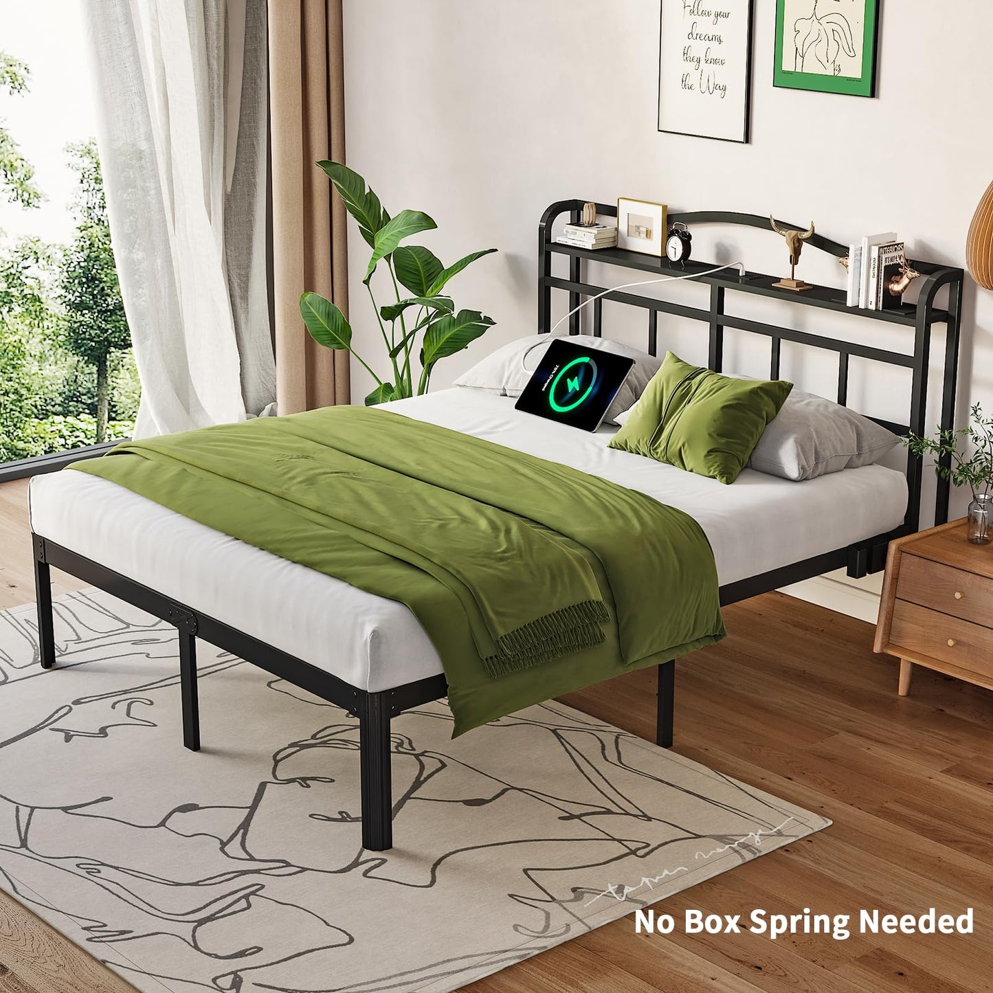 OSASET Queen Bed Frame - Queen Bed Frame with Headboard and USB & Type C Charging Station, Heavy Duty Metal Bed Frame No Box Spring Needed with Ample Storage Space - Easy Assembly and Noise Free