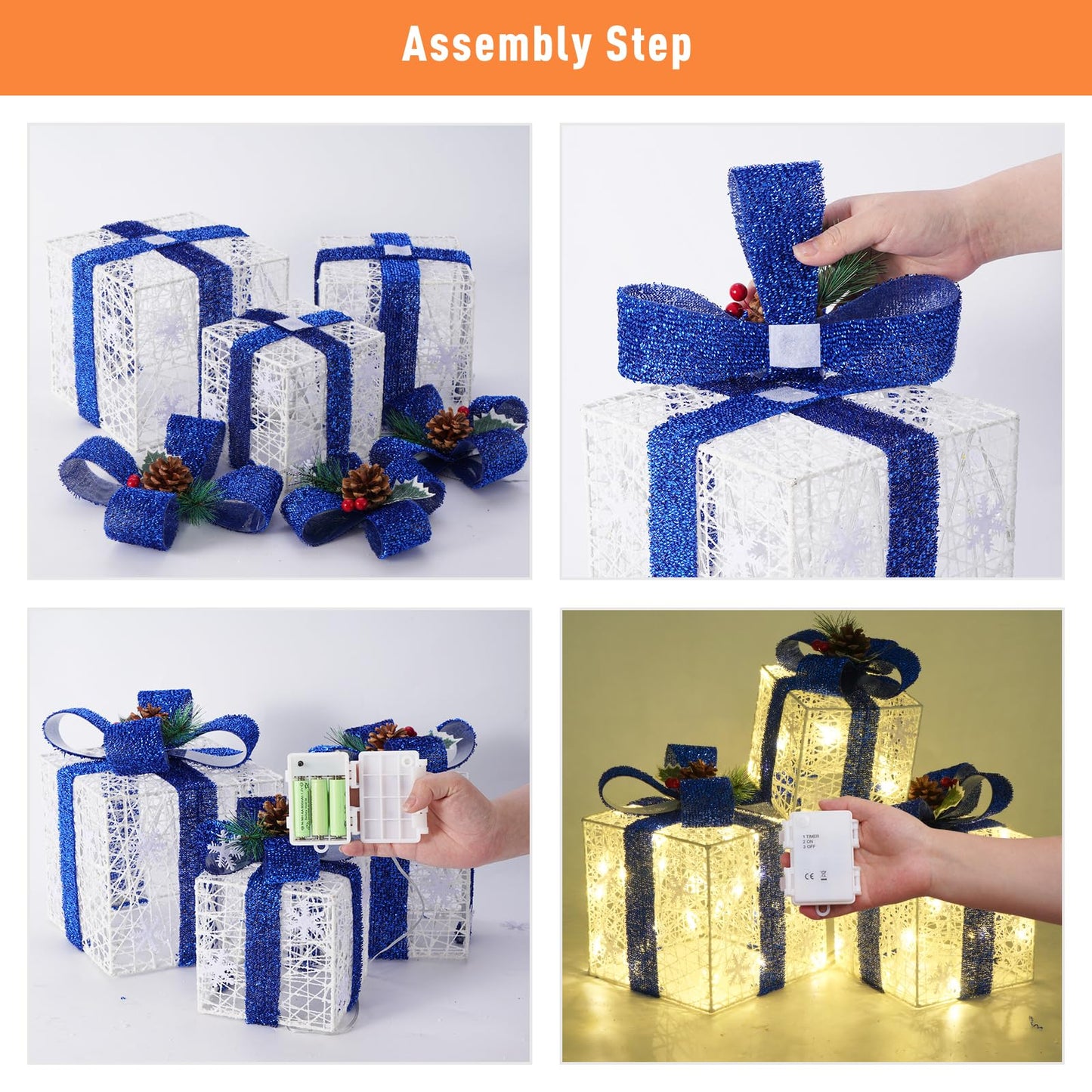 Christmas Decorations, Set of 3 Christmas Lighted Gift Boxes, Battery Operated Xmas Present Boxes, Warm White LED with Bows for Indoor Christmas Tree, Yard, Home Decor （Blue Bow）