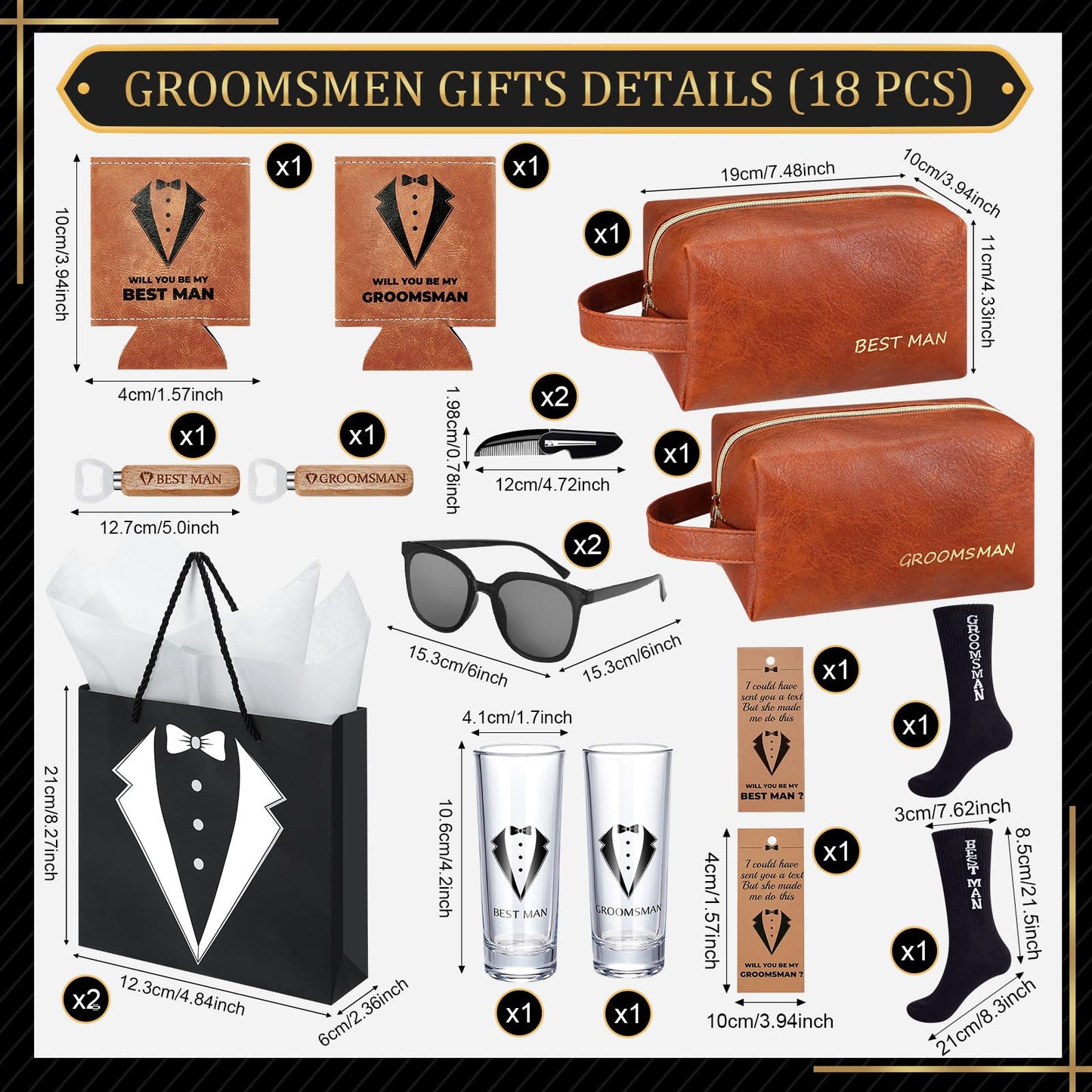 20Pcs Groomsmen Gifts Groomsmen Proposal Box with Shot Glasses Socks Sunglasses PU Leather Toiletry Bag Bottle Opener Can Cooler Groomsman Gifts for Wedding Groomsmen Best Man Gift (20, Brown)