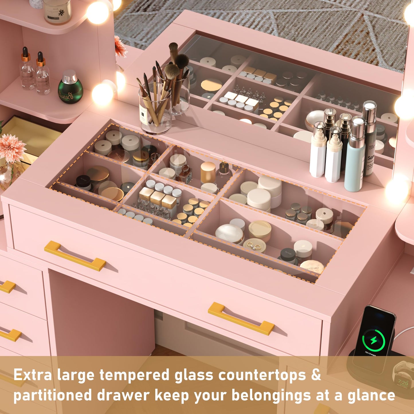 jiteentarou 55 in Glass Top Vanity Desk with Mirror and Lights, Large Vanity Makeup Mirror Desk with Charging Station Compartment Storage Drawers, Modern Makeup Vanity with 9 Drawers 6 Shelves, Pink