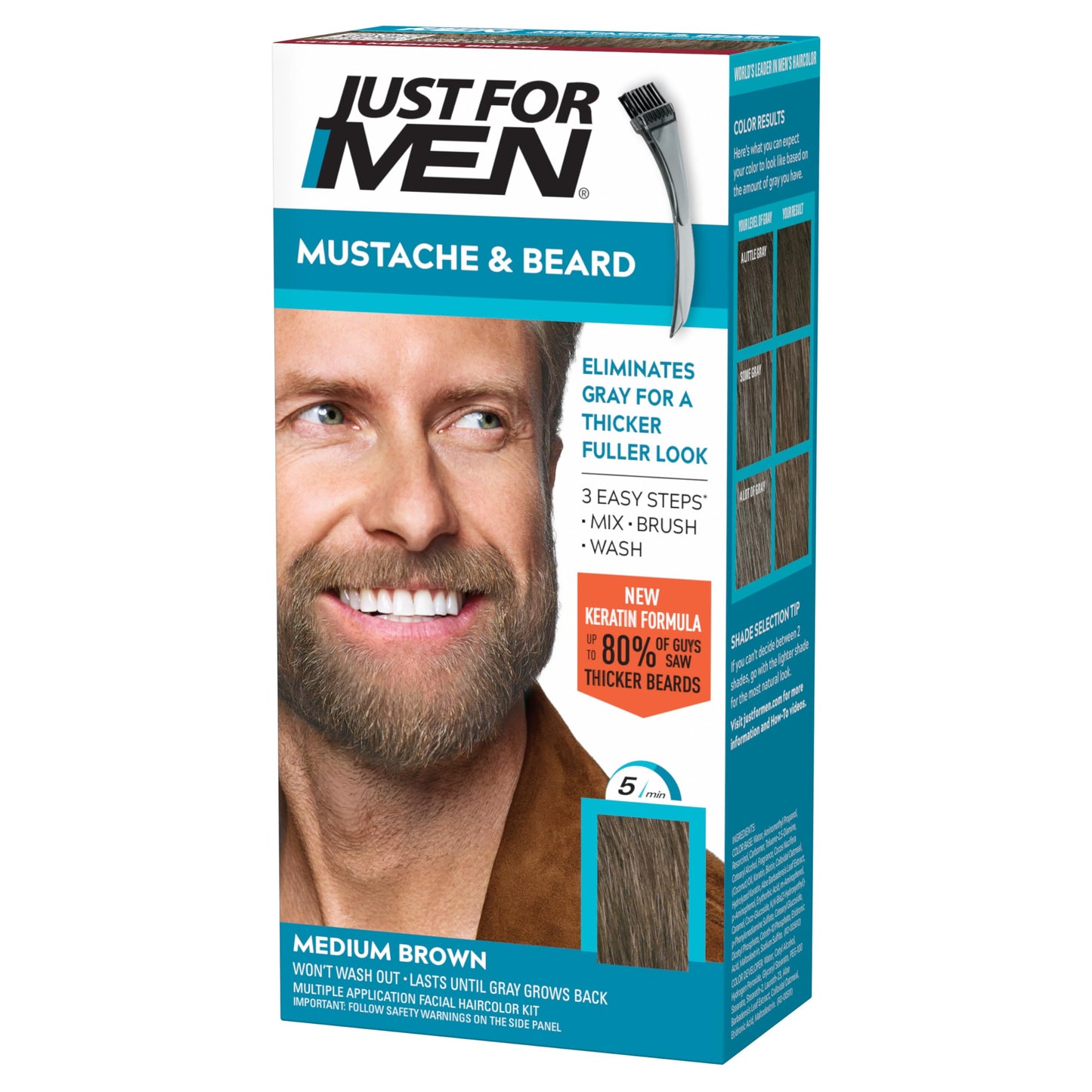 Just For Men Mustache & Beard, Beard Coloring for Gray Hair with Brush, with Keratin Biotin Aloe and Coconut Oil for Healthy Fac