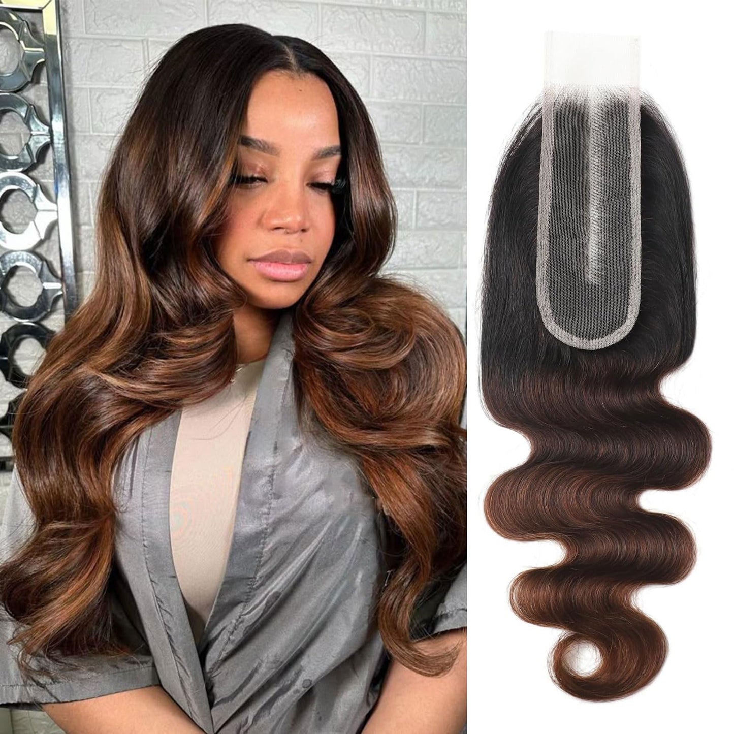 DSEKCAIN 2x6 HD Lace Closure T1B/2/30 Chestnut Brown Ombre Body Wave 2x6 Transparent Lace Closure 3 Tone Ombre Medium Auburn Col