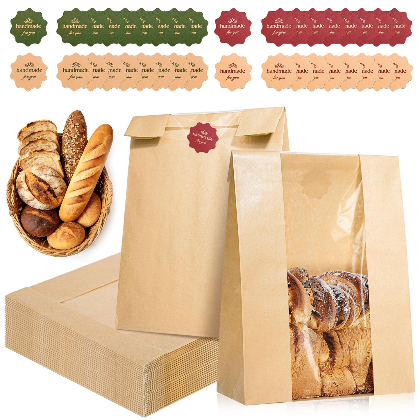 25 Pcs Bread Bags for Homemade Bread, Paper Sourdough Bags with window, Large Bakery Loaf Bag with Stickers for Cookies, Popcorns, Hamburgers (25, 14.2"x8.3"x3.6")