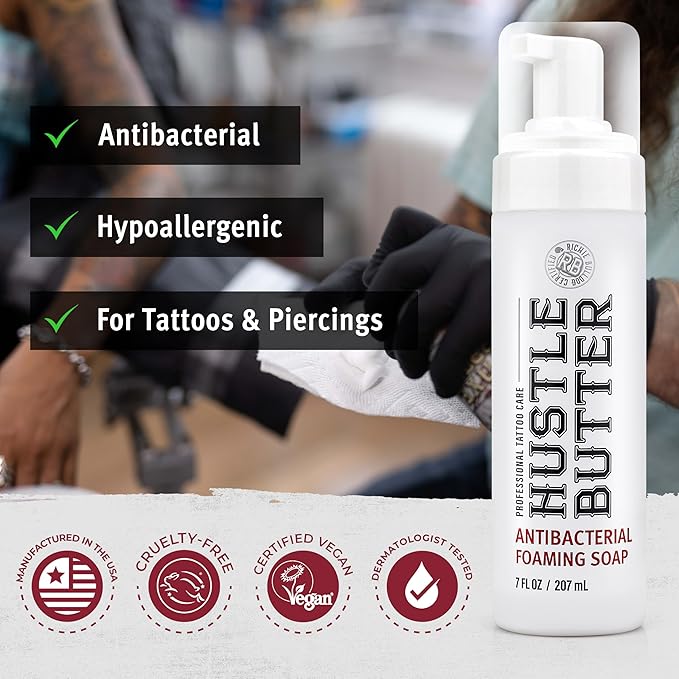 Hustle Bubbles Tattoo Aftercare Soap - Antibacterial Cleanser To Clean New Tattoos & Piercings - Essential Body Art Supplies 7oz