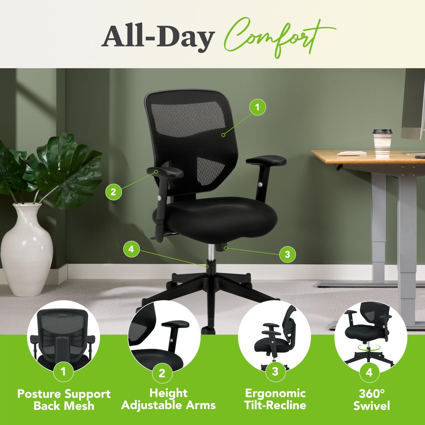 HON Prominent High Back Office Chair, Ergonomic Desk Chair with Adjustable Center-Tilt Recline, 360 Swivel, Swivel-Tilt, Black