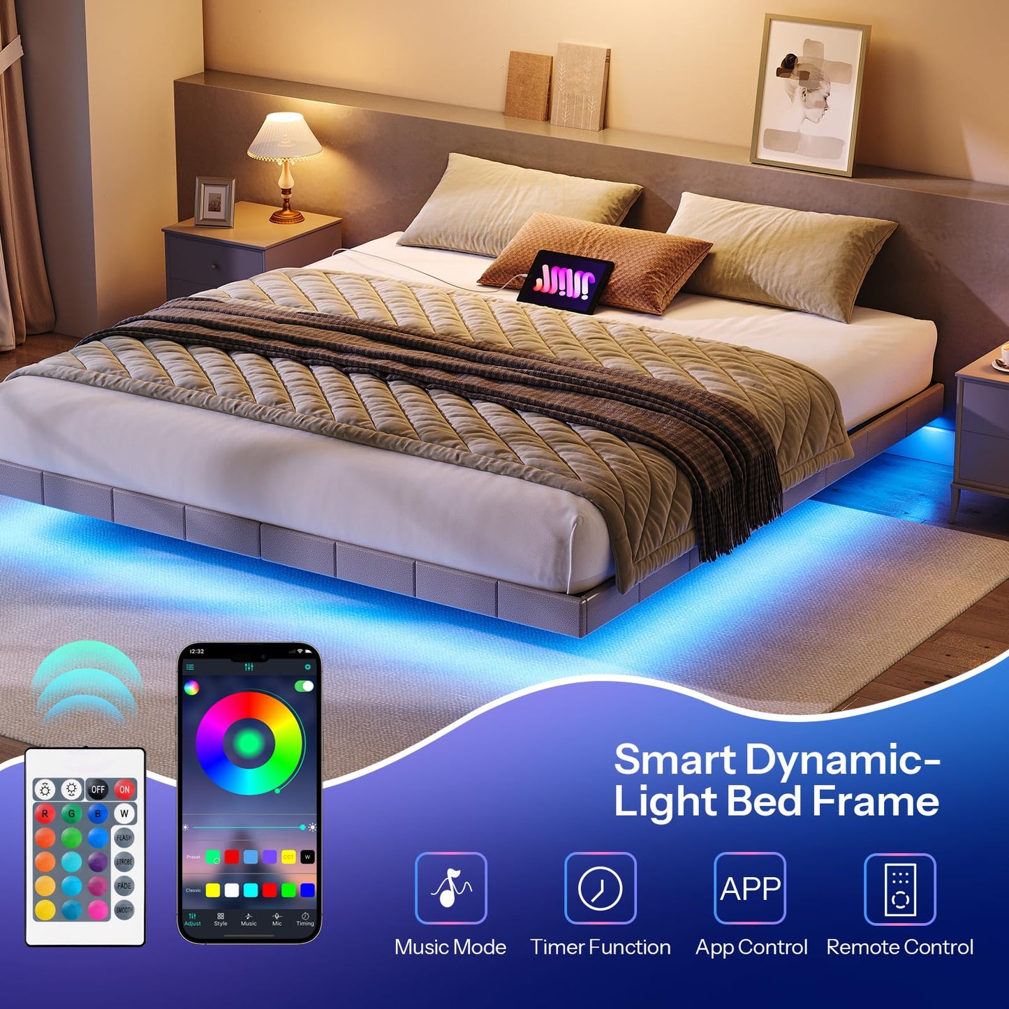 HOOBRO King Size Floating Bed Frame with LED Lights and Charging Station, Upholstered Platform Bed Frame King Size, Modern Metal Floating Bed Frame King, No Box Springs Needed, Grey