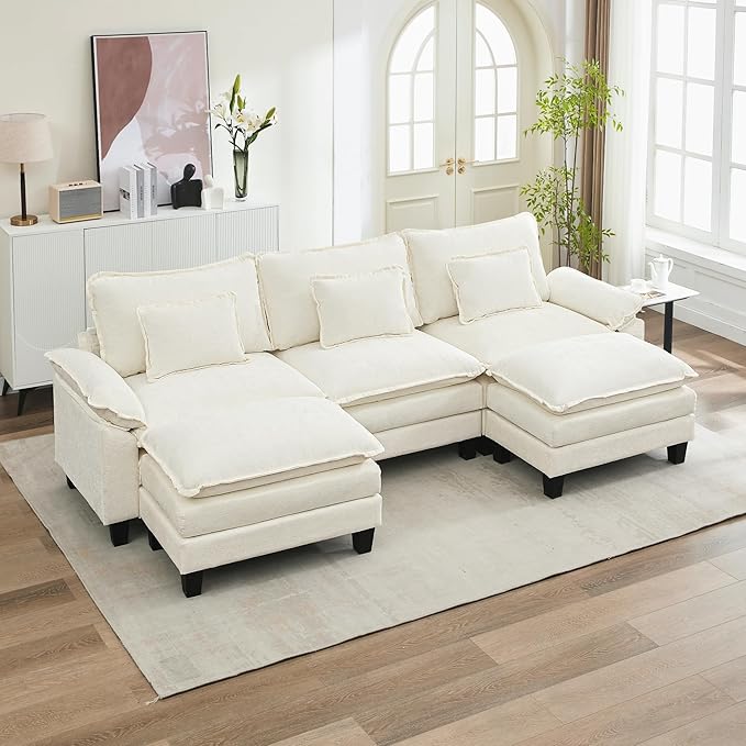 URRED Cloud Couch Modular Sectional Sofa, 122" Modern U Shaped Deep Seat Sofa with 2 Ottomans & Pillows, Ultra Comfy Chenille Couches for Living Room, Bedroom or Apartment, White | Chenille Fabric, Skin Friendly, Breathable, Ergonomic Design, Flexible ...