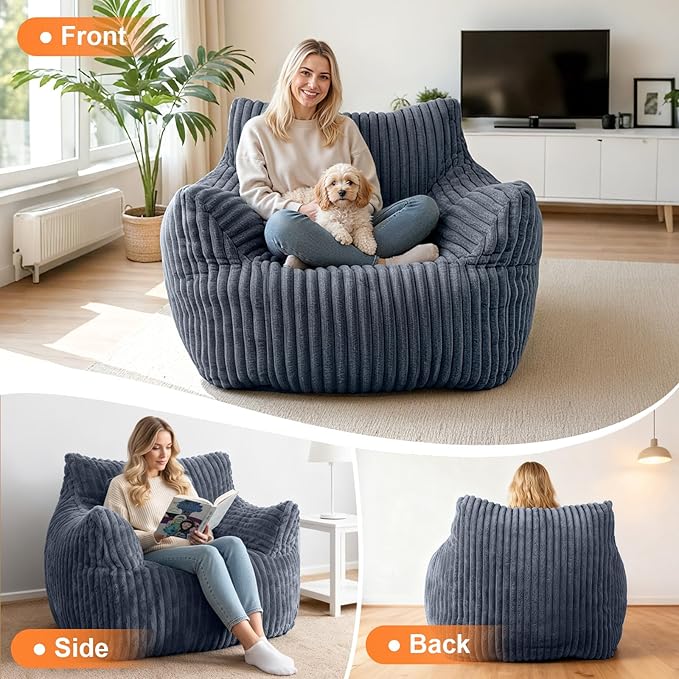 Giant Bean Bag Chair for Adults, Oversized Memory Foam Bean Bag Sofa with Armrests, Large Comfy Fluffy Single Lounges Mini Couch for Living Room, Bedroom & Dorm(Gray)