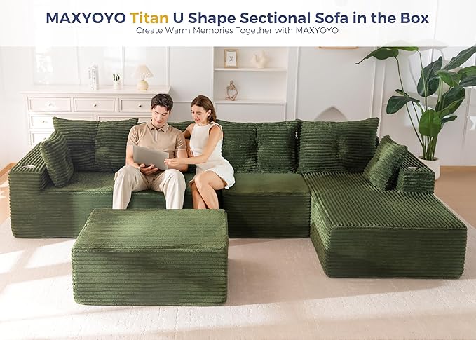 MAXYOYO 132" Giant U-Shaped Modular Sectional Couch, Modern Boneless Couch for Living Room, Sofa in A Box, Oversized Sofa Sleeper with Deep Seat, No Assembly Required, Green