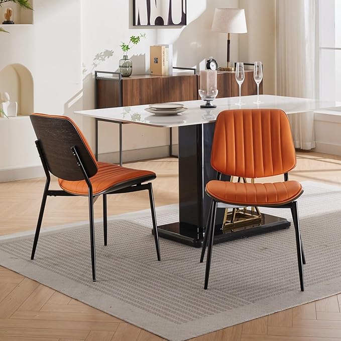 YaFiti Dining Chairs Set of 6, Mid Century Modern Accent Dining Room and Kitchen Chairs, Upholstered PU Leather Vertical Stripe Chairs for Vanity with Walnut Bentwood and Metal Legs, Orange