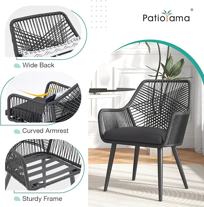 Patiorama Patio Dining Chair Set of 6,Woven Rope Outdoor Dining Chairs w/Steel Frame,All-Weather Twisted Rattan Chairs w/Armrest & Cushion,Outdoor Dining Wicker Chairs for Backyard Garden(Dark Grey)