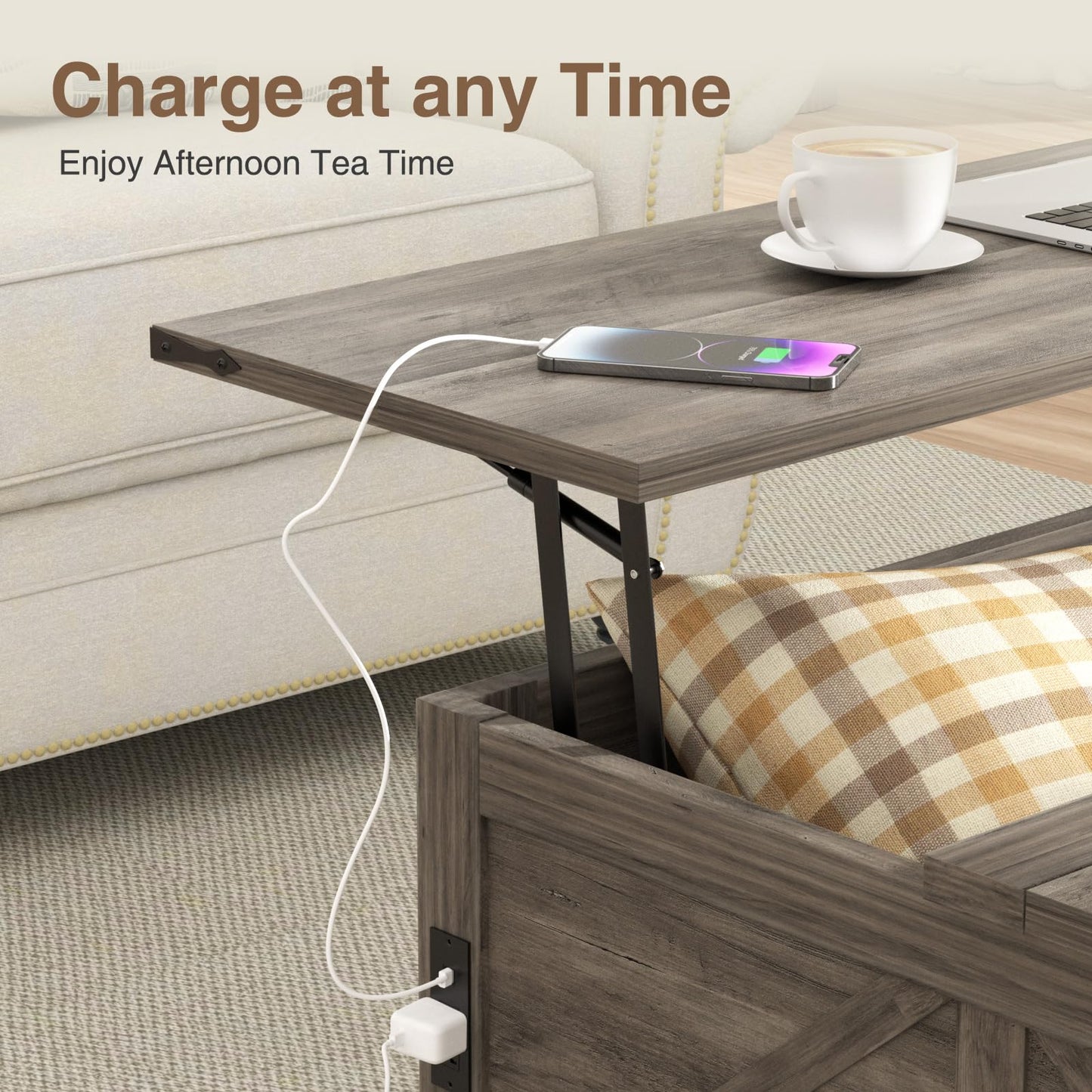 Coffee Table with Storage, 31.5" W Farmhouse Lift Top Wood Square Center Table with Charging Station, Rustic Cocktail Tables with Flip Top Lids for Living Room, Home Office, Grey