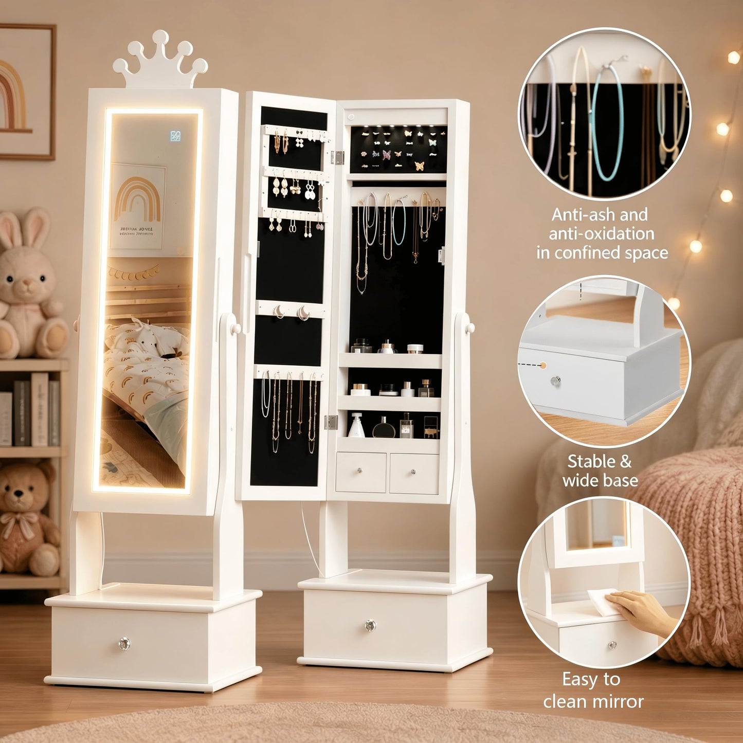 Garvee Kids Jewelry Armoire with Full Length Mirror, LED Lights, Adjustable Angle, Lockable Jewelry Cabinet for Girls, Standing Organizer, Gift for Girls