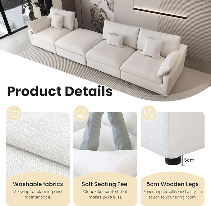 WJShome Cloud Couch for LivingRoom,153" U Shaped Modular Sectional Sofa with Ottoman,Down Filled 7 Seater Convertible Sleeper Sofa Bed Oversized Furniture Sets,White