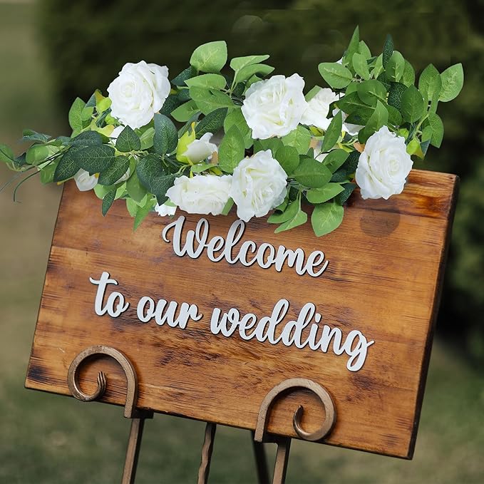 Sggvecsy 6Pcs 46.5Ft Artificial Rose Vine Fake Flower Garland Floral Garland Faux Silk Hanging Vine Rose Ivy Vines for Wedding Arch Party Wall Garden Ceremony Background Outdoor Decor (White)